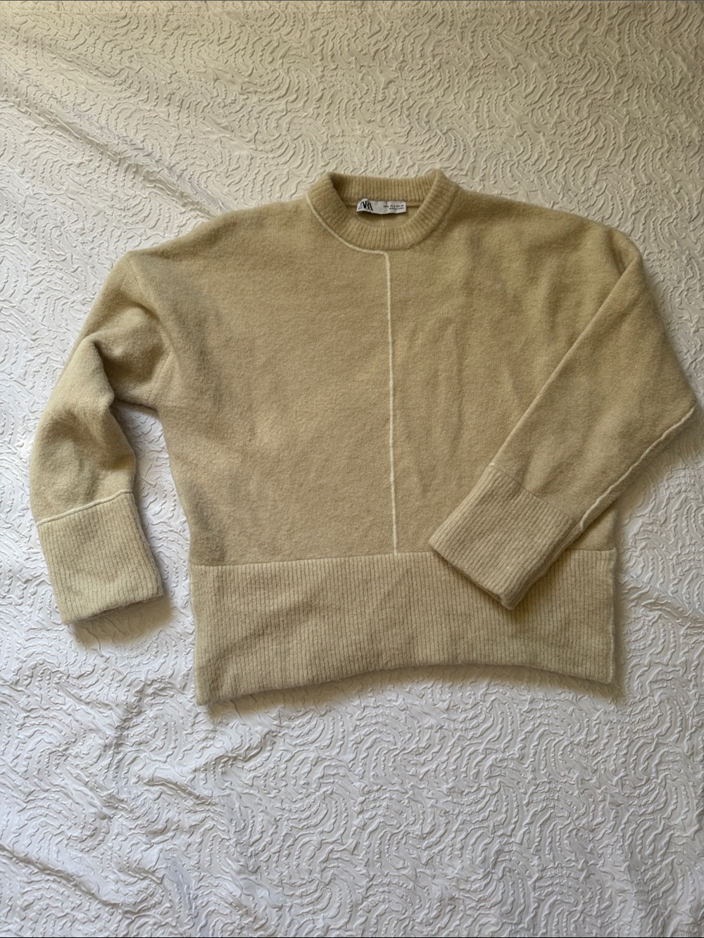 Zara Cream Crewneck Thick and Chunky Sweater with Center Seam